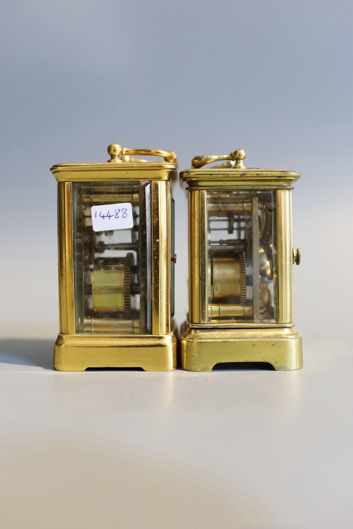 Two late 19th / early 20th century French lacquered brass miniature carriage timepieces, tallest 7cm